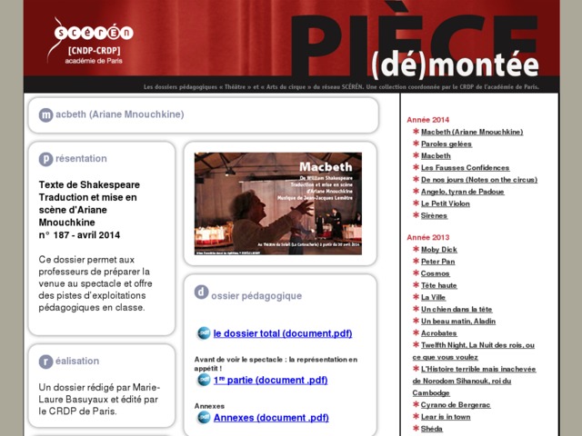 Capture d'écran de la page http://crdp.ac-paris.fr/piece-demontee/piece/index.php?id=macbeth1